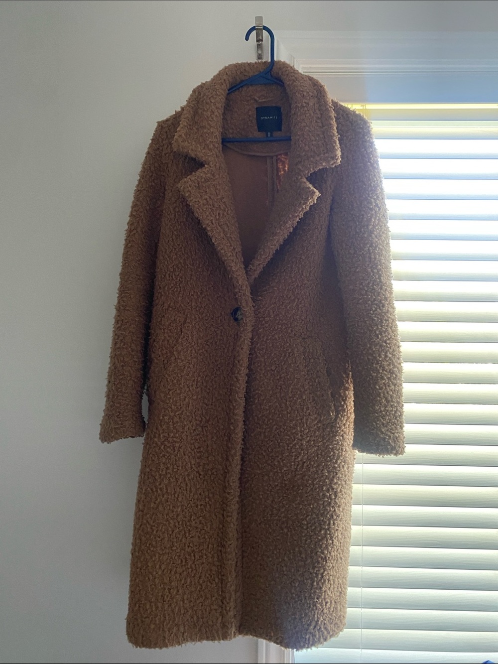 Dynamite Camel Teddy Long Coat - Single-Button Plush Overcoat